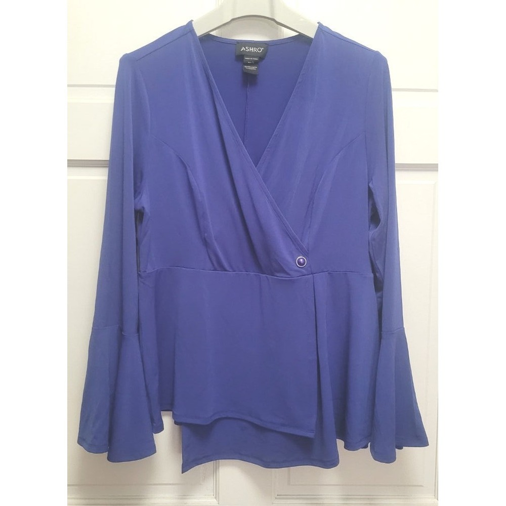 Ashro Women's Faux Wrap Trumpet Flare Long Sleeve Jersey Knit Top - Blue - L